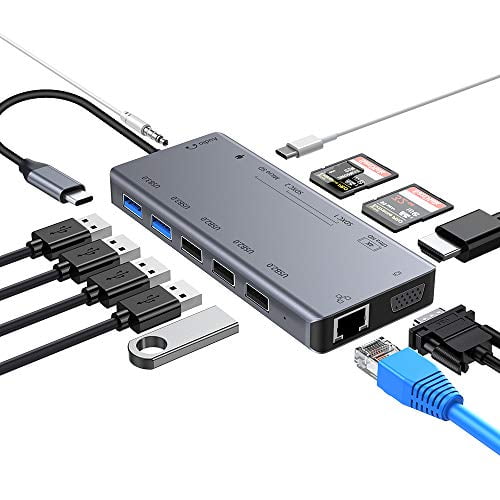 Flyuzi Laptop Docking Stations Cable Hub 12 in 1 Type-c to Dual HDMI/VGA/USB 3.0 Hub/PD/RJ/Micro-SD/TF Card Dock Adapter up to 87W Color : Silver Flyuzi Laptop Docking Stations Cable Hub 12 in 1 Type-c to Dual HDMI/VGA/USB 3.0 Hub/PD/RJ/Micro-SD/TF Card Dock Adapter up to 87W Color : Silver
